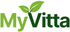 MyVitta logo with green leaves symbol representing natural wellness, health and fitness supplements